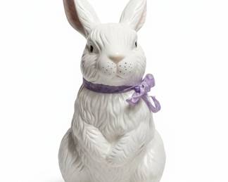 White Ceramic Easter Bunny Figurine with Purple Ribbon and Floral Detail