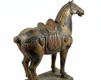 Vintage Chinese Tang Dynasty Style Carved and Painted Wooden Horse Sculpture second image