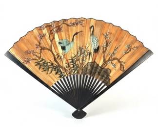 Large Vintage Japanese Wall Fan with Cranes and Plum Blossoms