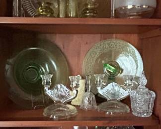 Assorted Vintage Glassware and SilverPlated Serving Pieces, including Uranium Glass