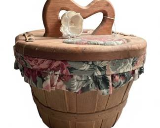 Vintage Wooden Half Bushel Sewing Basket with Heart Handle and Floral Lining