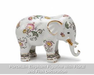 Porcelain Elephant Figurine with Floral and Fish Decoration