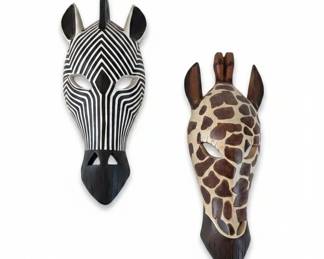 Set of HandCarved Wooden Zebra and Giraffe Masks