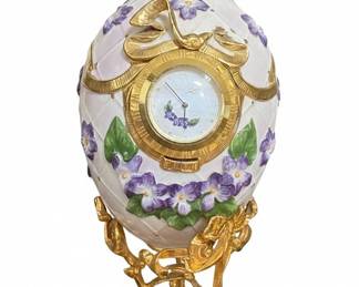 Franklin Mint Porcelain Egg Clock with Violets and Gilt Accents