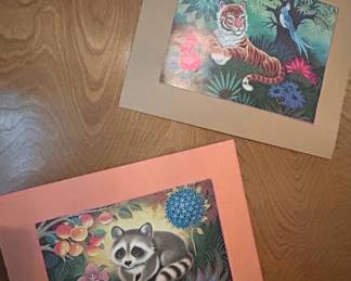 K. Chin Tiger in Jungle and Raccoon with Fruit Lithographs Set of