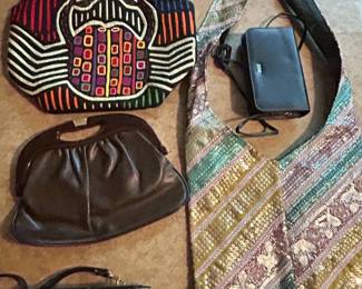 Collection of Four Handbags Beaded Hobo, Embroidered Round Bag, Leather Clutch, and Quilted Crossbody
