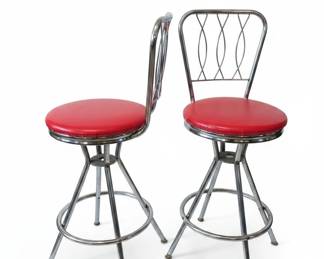 MidCentury Modern Chrome and Red Vinyl Swivel Bar Stool Set of