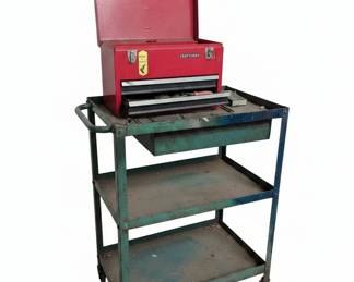Craftsman Red Metal Toolbox and Green Rolling Tool Cart