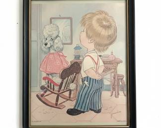 Jand Lithographs Children and Poodle or Girl Ironing