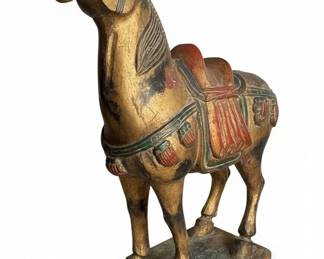 Vintage Chinese Tang Dynasty Style Carved and Painted Wooden Horse Sculpture
