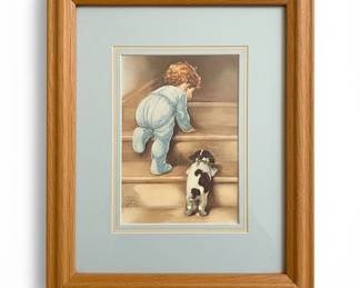 Framed Print of Child and Dog on Stairs by Bessie Pease Gutmann