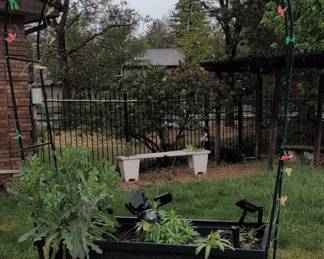 Black Metal Raised Garden Bed with Arch Trellis and Storage Shelf