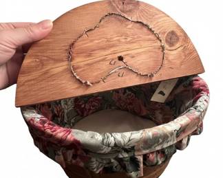Vintage Wooden Half Bushel Sewing Basket with Heart Handle and Floral Lining third image