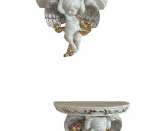 Vintage Italian Art Deco White Gold Wall Shelf Set