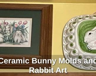 Vintage Ceramic Bunny Molds and Framed Rabbit Art second image
