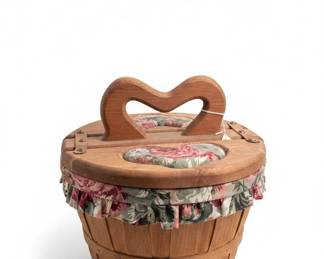 Vintage Wooden Half Bushel Sewing Basket with Heart Handle and Floral Lining second image