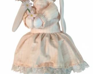 Vintage Ceramic Bunny Figurine with Fabric Dress and Flowers