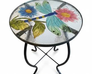 Glass Top Side Table with Dragonfly and Floral Motif