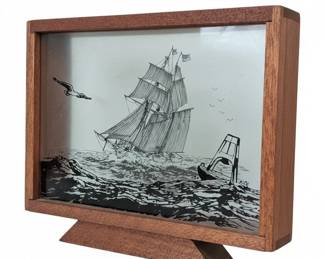 Etched Glass Ship Scene in Wooden Frame