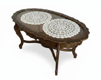 Vintage Ornate Carved Wood Coffee Table with Glass Top, French Provincial Style