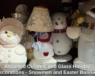 Assorted Ceramic and Glass Holiday Decorations Snowmen and Easter Bunnies