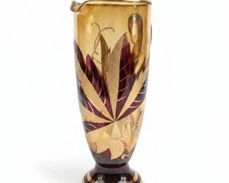 Vintage Amber Glass Pitcher with Gold Leaf Overlay and Black Base