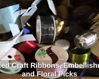 Assorted Craft Ribbons, Embellishments, and Floral Picks