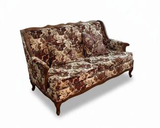 Vintage Floral Upholstered Sofa with Carved Wood Frame