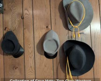 Collection of Four Hats Two Grey Western Hats with Yellow Chin Cords, One Black Western Hat with Yellow Chin Cord, and One Black Cap