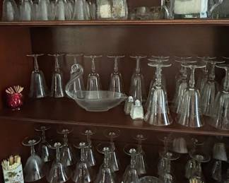 Etched Crystal Wine Glasses and Serving Pieces Set