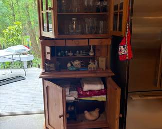 Rustic Pine Hutch with Glass Doors and Cabinet Storage