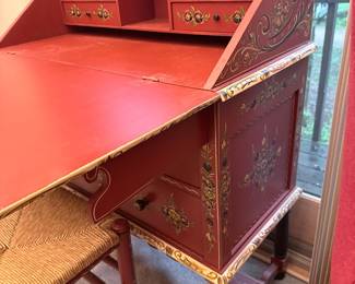 Hand-Painted Red Chinoiserie Secretary Desk with Cabriole Legs