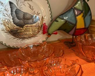Set of Pink Depression Glass Footed Bowls with Hen on Nest Plate and Stained Glass Chicken Figurine