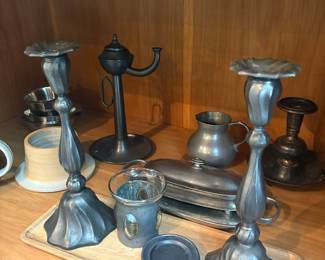 Pewter Candlesticks and Serving Set