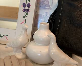 Pair of White Ceramic Doves with Gourd Vase