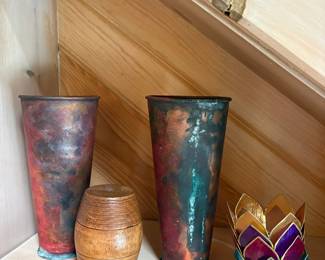 Patinated Copper Vases with Turned Wooden Spool and Lotus Candle Holder