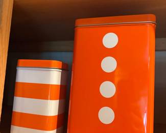 Orange and White Striped Tin Canister and Orange Polka Dot Tin Canister