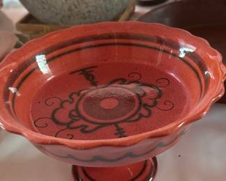 Red Ceramic Footed Bowl with Black Decals