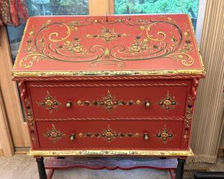 Hand-Painted Red Chinoiserie Secretary Desk with Cabriole Legs