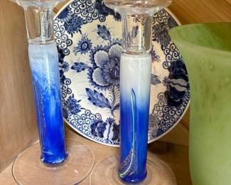 Murano Style Blue Gradient Candlestick Pair with Gold Flecks