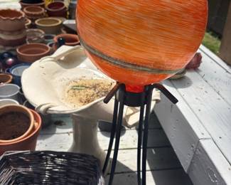 Orange Swirl Art Glass Gazing Ball with Metal Stand