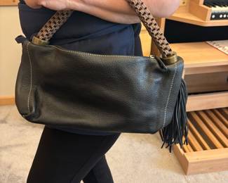 Black Leather Shoulder Bag with Braided Strap and Fringe