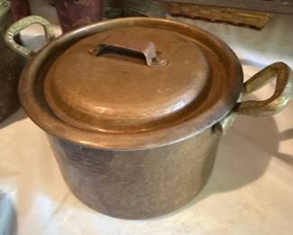 Hammered Copper Pot with Lid and Brass Handles