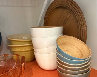 Set of Bamboo and Ceramic Bowls with Wooden Platter and Glass Bowl