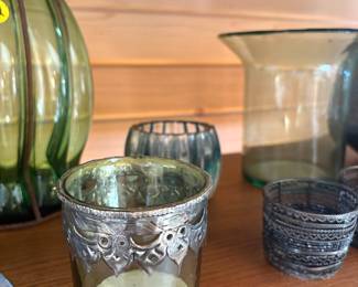Vintage Smoky Green Glass Votive Holder with Ornate Silver-Tone Metal Overlay