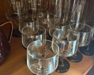 Set of 12 Vintage Crystal Wine Glasses with Smoked Bases