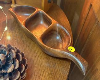 Vintage Monkey Pod Wood Leaf-Shaped Chip and Dip Server