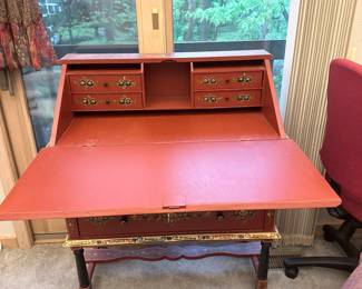 Hand-Painted Red Chinoiserie Secretary Desk with Cabriole Legs