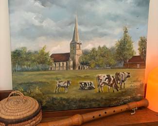Pastoral Landscape Painting with Church and Cows