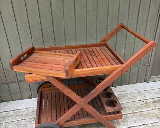 Vintage Teak Folding Bar Cart with Wheels